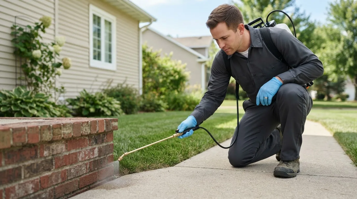 Pest control technician treating a home near Brookline, MA