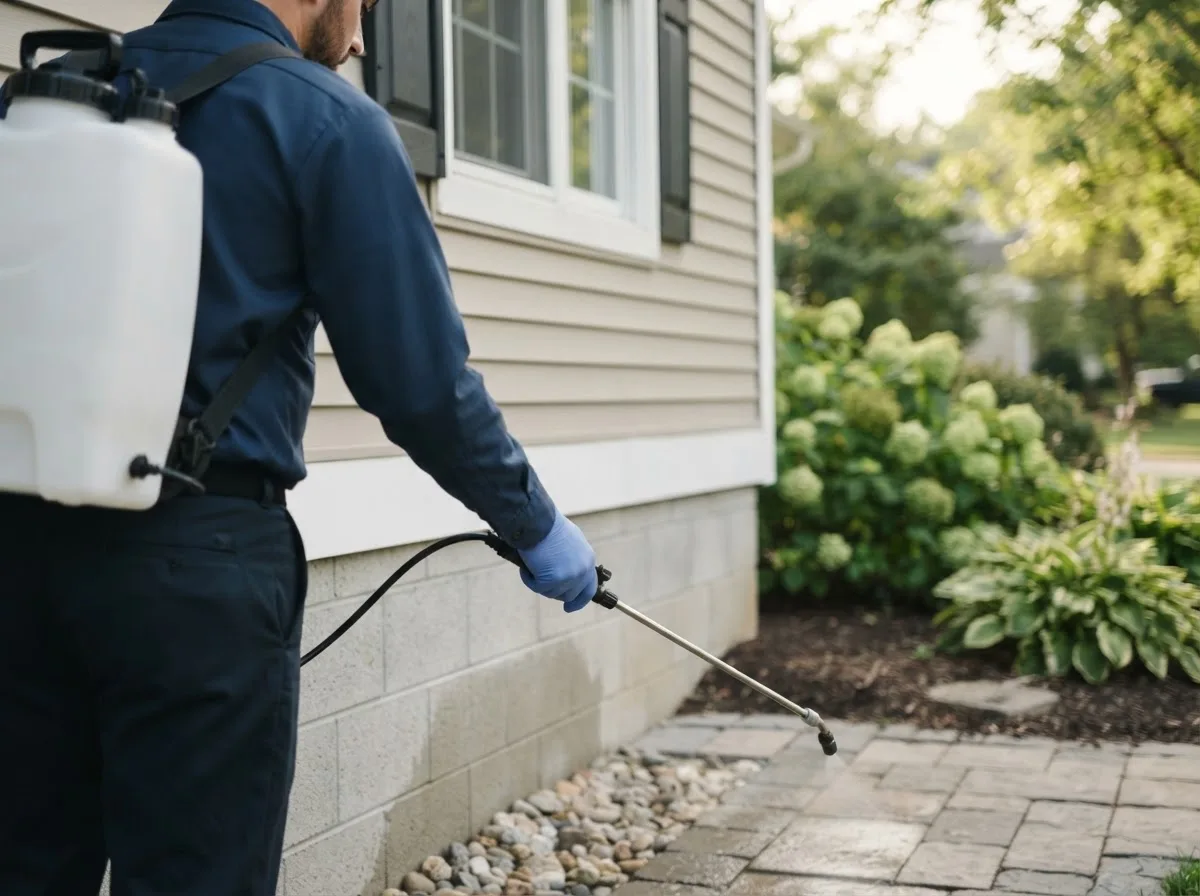 Pest control technician inspecting a home in Brookline, MA